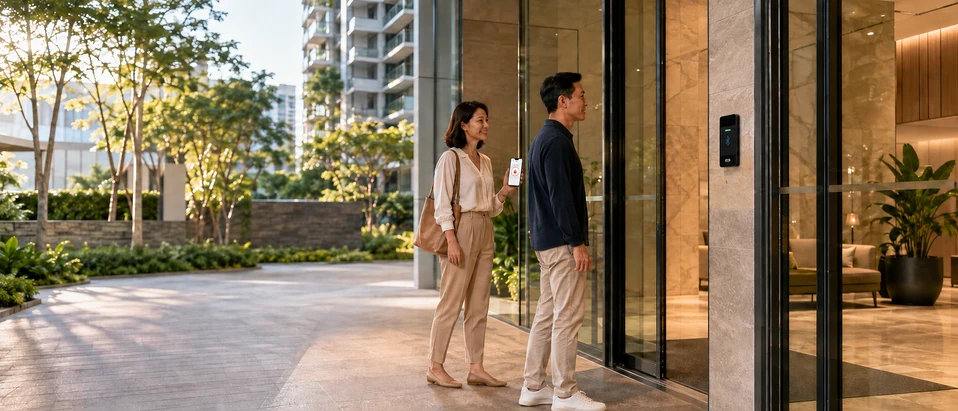 Residents using a condominium entrance