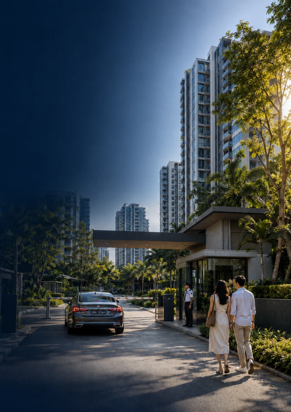 Residents arriving at a landscaped modern condominium